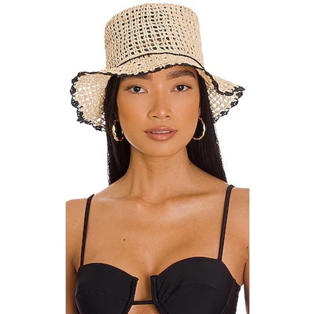 Cream Crochet Sun Hat with Black Trim - Women's Beach Hat